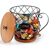 Coffee Pod Holder with lid, large Capacity Black wire K Cup Holder with wood base, Coffee Station Organizer Coffee storage basket for Countertop Coffee Bar Coffee Boxes and Espresso Capsules