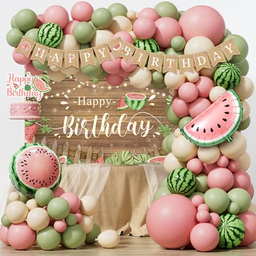 Watermelon Birthday Party Decorations Summer Watermelon Birthday Supplies Kit Melon Party Decor Backdrop Banner Balloon Garland Cake Cupcake Toppers for Summer Boys Girls Birthday Kit