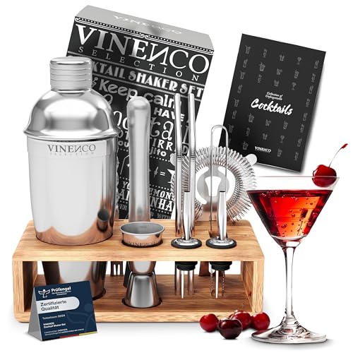 Cocktail Shaker Set mit Ständer & Rezeptbuch: Premium Edelstahl Bar Cocktailset Cocktailshaker...