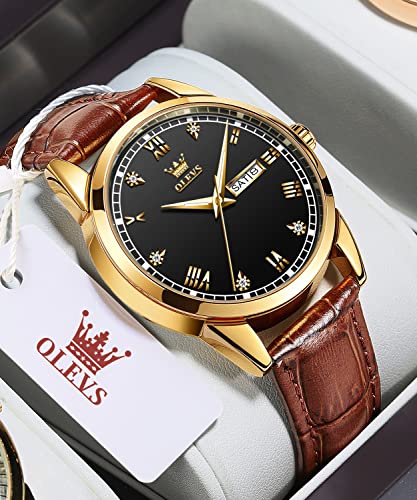 Image of OLEVS Brown Mens Leather Watch Dress Casual Day Date Quartz Wrist Watch