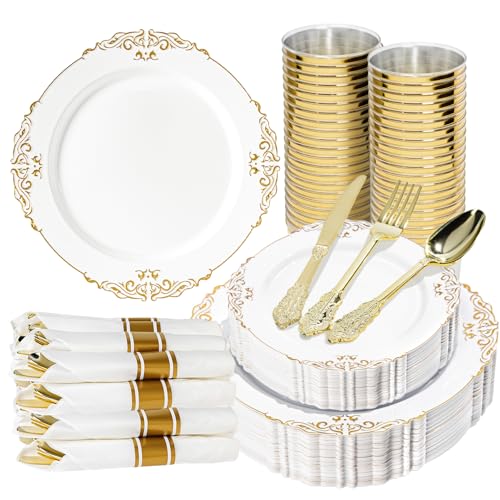 Pryntono 350PCS Gold and White Plastic Plates, Gold Plastic Dinnerware Sets for 50 Guests, 100 Disposable Plates, 150 Silverware, 50 Cups, 50 Napkins for Party and Wedding Pryntono 350PCS Gold and White Plastic Plates, Gold Plastic Dinnerware Sets for 50 Guests, 100 Disposable Plates, 150 Silverware, 50 Cups, 50 Napkins for Party and Wedding