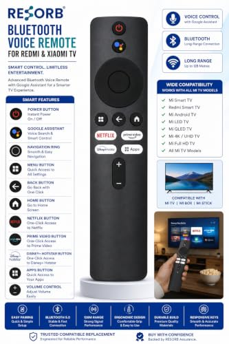 Image of Xiaomi TV Remote Compatible with All Xiaomi Smart LED Android 4K UHD TV Models, Bluetooth Voice Replacement Remote Control with Netflix Prime Video Apps Hotkeys, Black, LED 654 VC