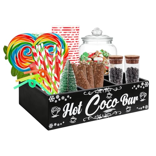 Hfyzz Christmas Hot Cocoa Bar Wood Coffee Station Organizer Countertop With 4 Compartment Decorative Christmas Cocoa Wood Storage Bin Vintage Open Holder Box For Home Kitchen Holiday Decor, Black