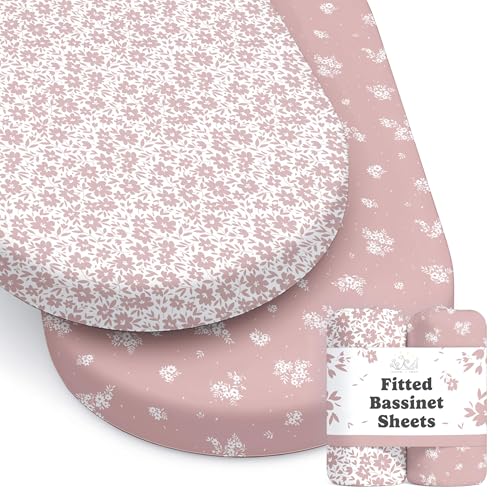 Image of Baby Bassinet Sheets Girl (Antique Rose) 2-Pack - Fitted Bedside Bassinet Sheets - Buttery Soft Cotton Blend for Standard Mattress Pad - Compatible with Halo BassiNest