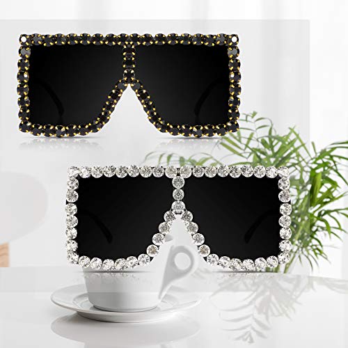 Weewooday 2 Pairs Oversized Square Crystal Sunglasses Flat Top Sunglasses Retro Thick Frame Bling Glasses for Women Men2