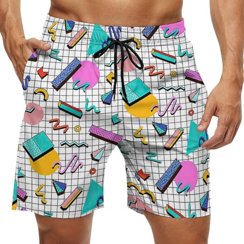Mens 80s 90s Retro Swim Trunks Quick Dry Beachwear Sports Board Shorts with Mesh Lining