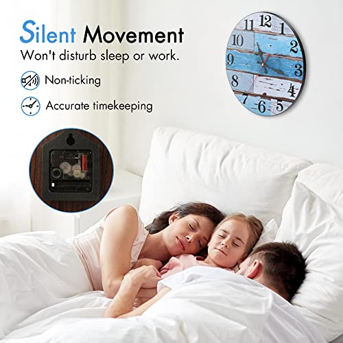 10 Inch Wall Clock Vintage, Silent Wall Clocks Battery Operated, Blue Beach Themed, Non-Ticking, Wooden Retro Rustic Farmhouse Wall Clock For Living Room Decor, Bedroom, Kitchen, Home & Office #TOP2