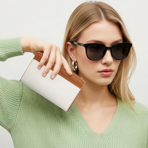 Image of CLUCI RFID Wallet Women PU Leather Small Women Wallet Blocking Bifold Ladies Wallet Credit Card Holder Beige with Brown
