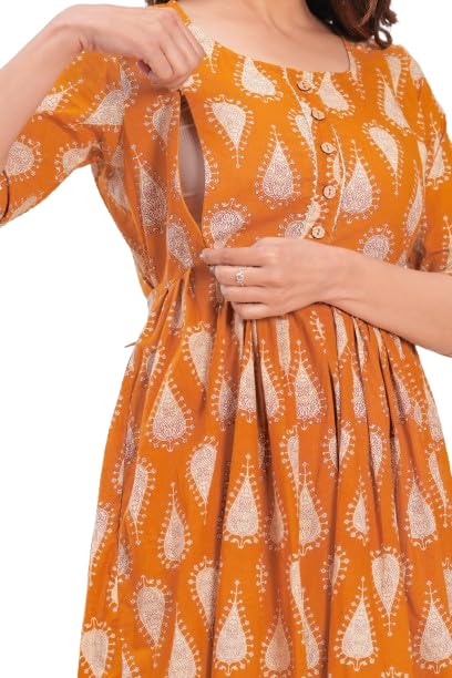 Image of Women's Feeding Kurta Cotton | Floral Anarkali Pregnancy Kurta with Nursing Zipper | Pre & Post Partum | Maternity Dresses | Mom to Be Gift