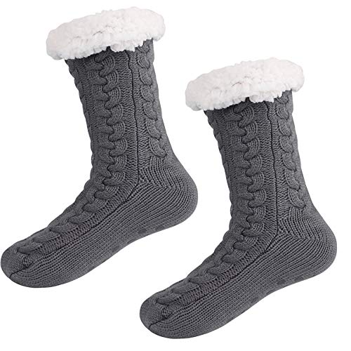 Slipper Socks for Women Winter Thick Soft Warm Cozy Fuzzy Fleece Lining Christmas Gift With Grippers Slipper Sherpa Socks (Grey)