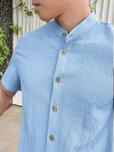 Image of Men's Solid Textured Half Sleeve Shirt with Stylish Buttons | Band Collar Casual Shirt for Summer Wear