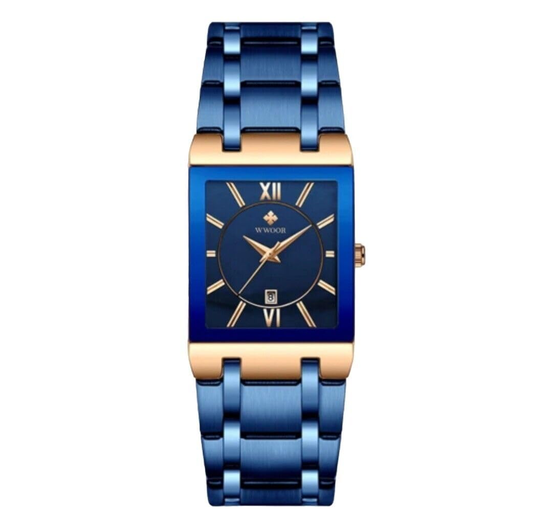 Kara NicoleMens Square Watch Stainless Steel Blue and Rose Gold with Date Waterproof Analog Quartz Luxury Fashion Business Casual Wristwatch