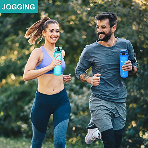 Favofit Water Bottle with Time Marker, 32 oz Motivational Water Bottle with Strainer & Cleaning Brush, Reusable & BPA Free Tritan Water Bottle for Sports & Fitness, Mint