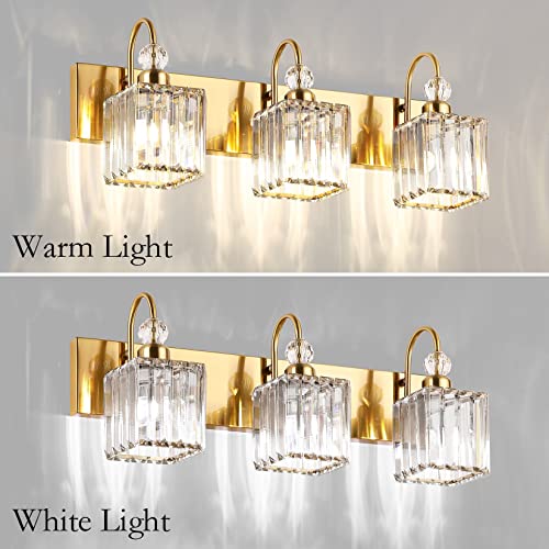Image of Ralbay Modern Gold Crystal Vanity Lights for Bathroom 3-Lights Crystal Vanity Lights Over Mirror Modern Crystal Gold Bathroom Wall Lighting Fixtures