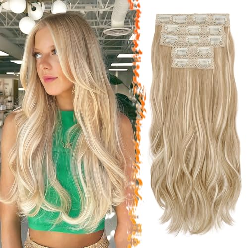 BARSDAR Rubio Clip en Extensiones de Cabello, 50cm Ondulado Clip in Hair Extensions para Mujer 5 Piezas Layered Extensión de Pelo Lace Sintética Natural Postizos - Medio Rubio Mixto