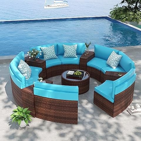 OC Orange-Casual 13 Pieces Sectional Outdoor Furniture, Half-Moon Curved Outdoor Sofa, All-Weather Brown Wicker with Round Coffee Table and Turquoise Cushions (Pillows & Waterproof Cover Included) Cover