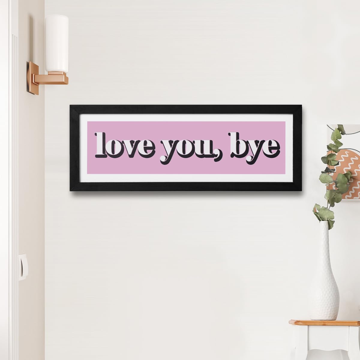 Wood Love You Bye Sign for Boho Farmhouse Home Living Room, Hallway, Entryway Wall Decor, 16" x 6" (Pink)