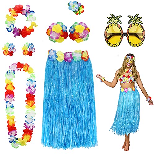 PHOGARY 8PCS Falda de Hula Kit de Accesorios de Vestuario para Hawaii Luau Party - Bailando Hula con Flor Bikini Lei Hawaiano Pinza para el Cabello, Gafas de Sol (Azul)