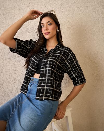 Image of Chimpaaanzee Women Checks Half Sleeve Crop Shirt