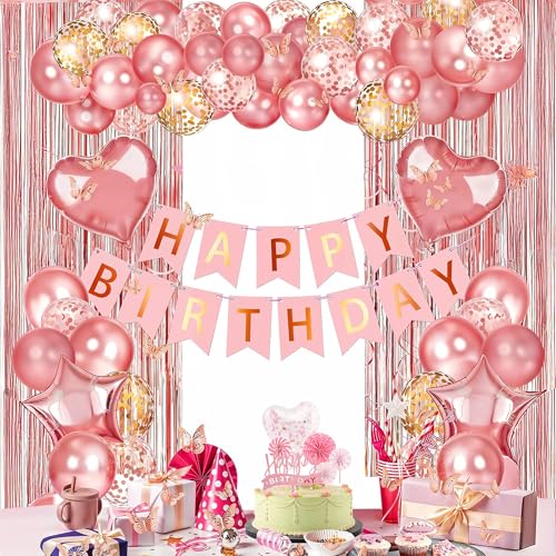 Image of Party Propz Rose Gold Birthday Decoration Kit for Girls - 45Pcs Happy Birthday Banner & Rose Gold Balloons for Decoration, Rosegold Foil Curtain & Swirls, Cake Toppers For Cake Decoration (Cardstock)