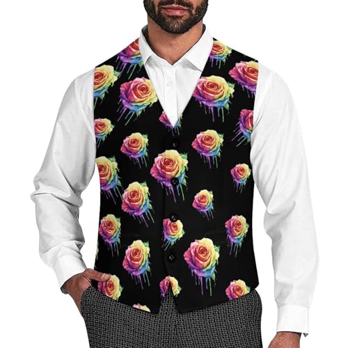 Colorful Dripping Rainbow Rose Suit Vest for Men Waistcoat Dressy V Neck Button Down Sleeveless Business Jacket Coat