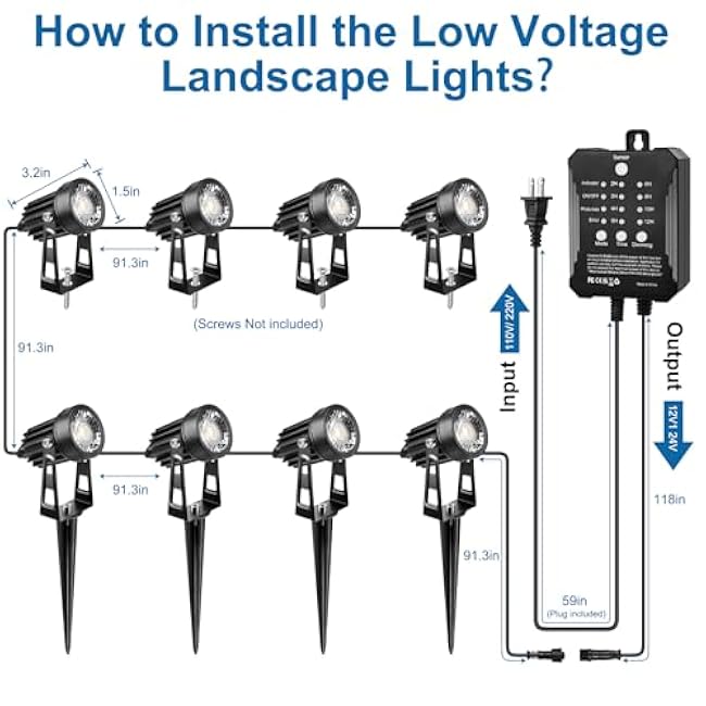 Low Voltage Landscape Lighting Kit, Low Voltage Landscape Lights with Transformer 12V-24V, 8-Pack LED Spotlights with 52FT Wire, IP65 Waterproof, Warm White Outdoor Lights for Yard Garden Pathway
