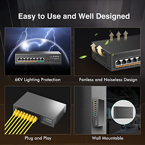 Image of MokerLink 8 Port PoE Switch with 6 PoE+ Port, 2 Uplink, 100Mbps, 78W AI Detection IEEE802.3af /at, Fanless Metal Plug & Play Network Switch