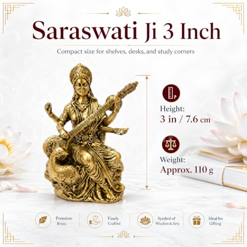 Image of Brass Saraswati Ji Idol, Vastu Remedy for Wisdom & Learning (3 Inch, 130 g)