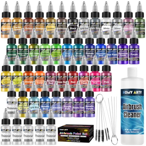 HOMY ARTY Airbrush Paint - 42 Colors with 6 Thinner & 500 ml Cleaner Kit