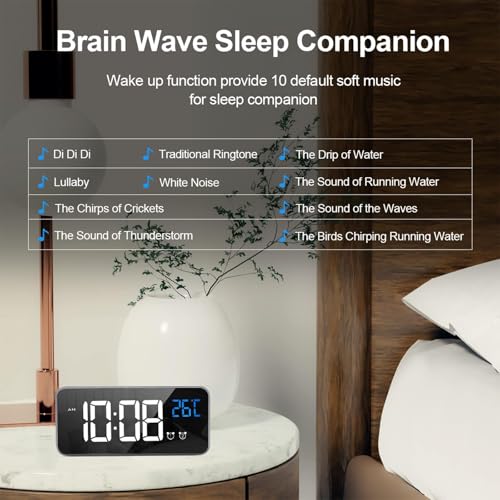 Image of LATEC Digital Bedside Clock with Big LED Temperature Display - Alarm with 10 Sounds, USB Charging, 4 Levels Brightness Dimmer, Snooze, Portable Mirror, Dual Alarm - Silver