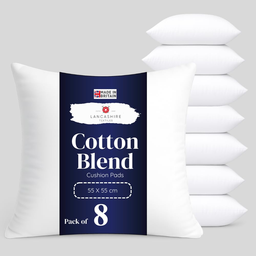 Lancashire Textiles 8 Pack Cushion Inserts 55 x 55cm (22" X 22") Cotton Blend Cushion Pads with Super Bounce Polyester Fibre, Made of Finest British Materials