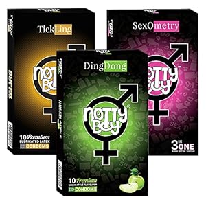 NOTTY BOY Apple Flavoured, Ribbed, Extra Dotted and Contour Condoms - (3x10s)