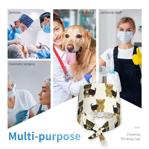 Image of Cute Pug Dog Print Working Cap Scrub Cap with Sweatband,Adjustable Fashion Bandage Tie Back Hat Headwear for Women Men