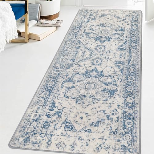 Famibay Alfombra Pasillo Antideslizante Azul Alfombra Cocina Lavable en Lavadora Alfombras de Pasillo Vintage 80x200cm Suave...