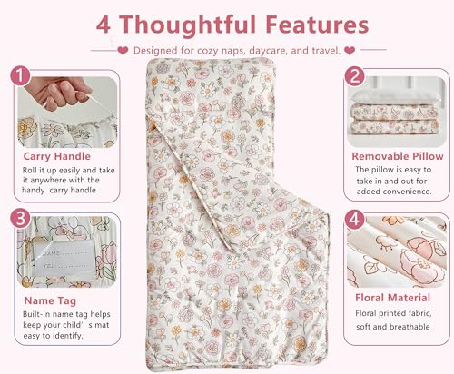 Image of Toddler Nap Mat with Removable Pillow,Ultra Soft Slumber Bags for Girls,Kids Sleeping Bags with Roll Up Design, Perfect for Preschool,Daycare,Kindergarten