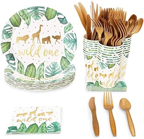 144 Piece Wild One Party Supplies for First Birthday Decorations for Boys and Girls, Jungle Safari Theme Dinnerware with Paper Plates, Napkins, Cups, and Cutlery (Serves 24)