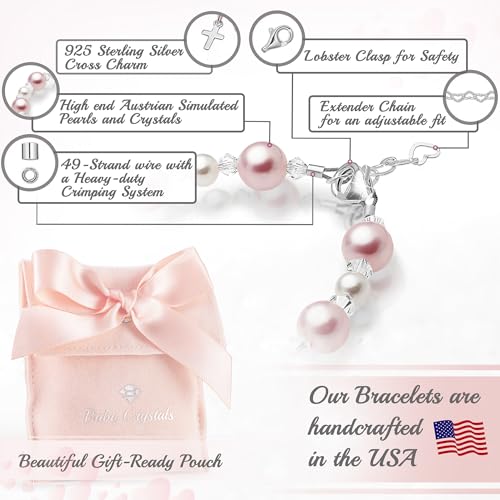 Sterling Silver Cross Charm Pearl Bracelets for Girls - Baptism Gifts for Girl with Rosaline, White Simulated Pearls, First Communion, Christening, Keepsake Girls Jewelry Birthday Gift3
