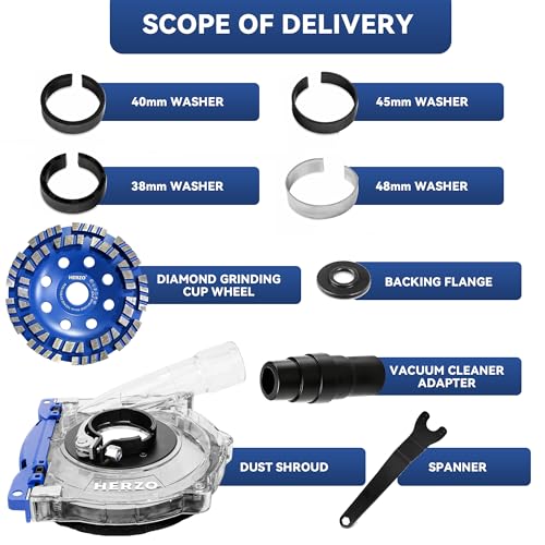 Image of HERZO Dust Shroud for 5 inch and 4-1 /2 inch Angle Grinder, Universal Surface Grinding Shroud + Diamond grinding cup wheel 5 inch,Transparent Polycarbonate