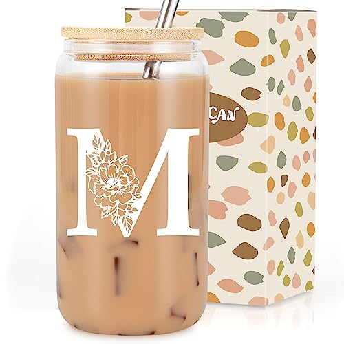 Coolife Initial Glass Cup, Monogrammed Gifts for Women, 16 oz Glass Cups w/Lids Straws, Iced Coffee Smoothie Beer Tumbler w/Straw Lid - Personalized Mothers Day, Birthday Gifts for Her Mom Friend