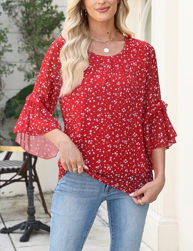 CiCiBird Women Chiffon Floral Blouse 3/4 Ruffle Sleeve Crew Neck Pleated Front Tops Dressy Casual Shirts4