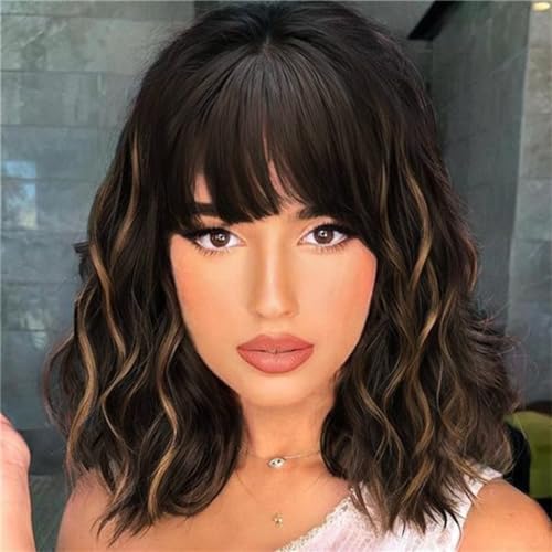 WERD Black Mixed Brown Wig with Bangs Short Black Bob