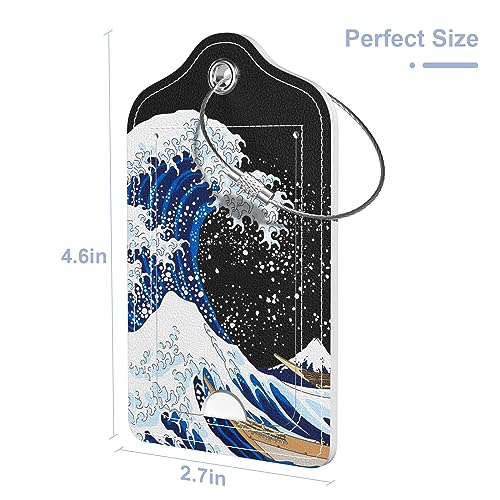 2 Pack PU Leather Luggage Tags for Suitcase, Travel Cruise Luggage Tag with Privacy Flap, Name ID Label and Metal Loop for Women Men Baggage Handbag School Bag Backpack, Sea Wave Sun3