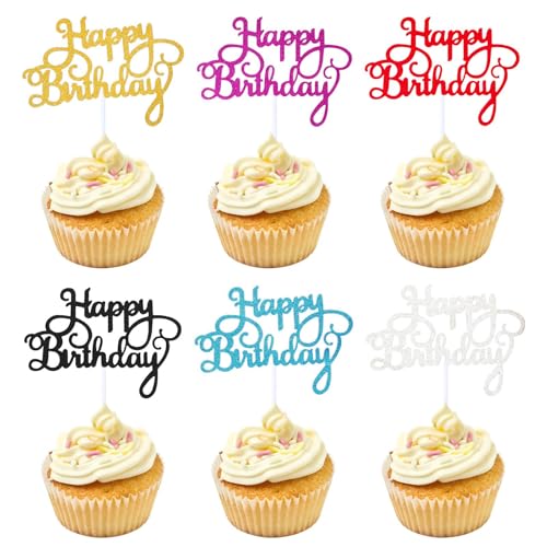 Dreamil Happy Birthday Cake Topper 12 Stück 6 Farben Glitzer Happy Birthday Cake Kuchendekoration Glitzer Cupcake Tortenstecker für Babyparty Jubiläen Party Dekoration