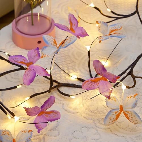 Image of Butterfly LED Branch Wall Light - 72 LED Warm White Vine Twig Light with Butterflies | USB Powered | 8 Lighting Modes | DIY Flexible Branch | IP44 Waterproof Indoor Outdoor Home Decor