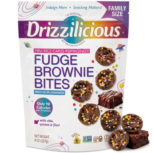 Fudge Brownie Mini Rice Cakes, 8 oz Family Size Bag, Chocolate Drizzled Crispy Rice Cake Bites, Gluten Free, Vegan, Non-GMO, Made with Avocado Oil, Resealable Snack Pouch for Sharing & On-the-Go