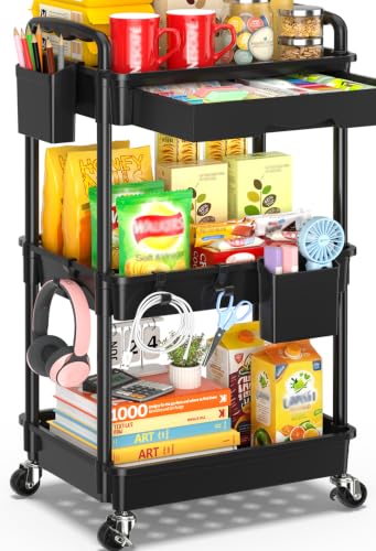 SUNALLY 3 Tier Rolling Cart with Drawer, Bathroom Storage Organizer with 2 Lockable Wheels, Multifunctional Rolling Storage Cart for Bathroom, Kitchen, Office, Craft, Makeup, Baby Essentials, Black