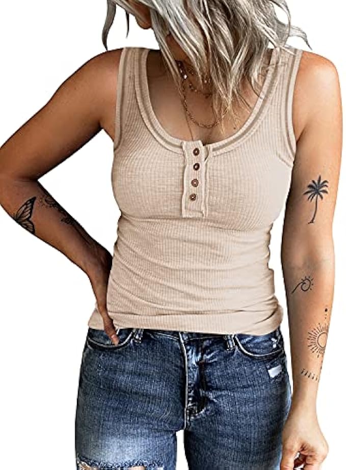 KINLONSAIR Women's Sleeveless Henley Tank Tops Ribbed V Neck Button Down T Shirts Summer Slim Fit Tee Tops