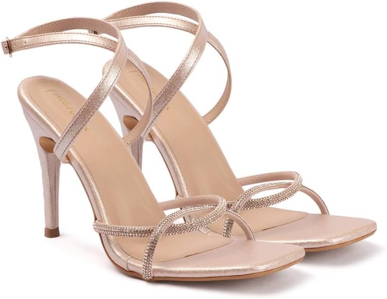 Valentia Black Stiletto Sandals with Rhinestone Criss-Cross Straps and Wraparound Ankle Buckle