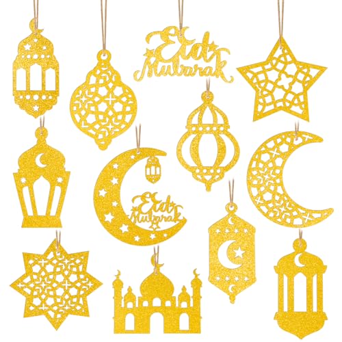 BOOMTOP 12pz Ornamenti Pendenti Eid Mubarak in Carta Pendenti Decorativi Eid Mubarak Luna Stella Decorazione per Ramadan Festa Musulmana Eid al-Fitr