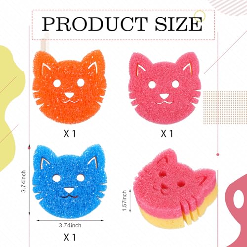 Image of FillTouch 3 Pcs Dual Sided Scrub Sponge Multi Functional Cute Temperature Sensitive Non Scratch Dish Sponge for Washing Dishes Kitchen Bathroom (Cat,Pink, Orange, Royal Blue)